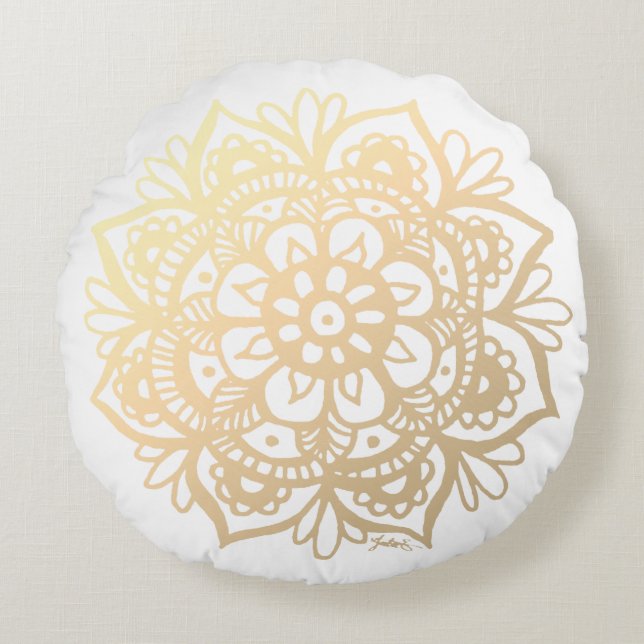 Elegant Gold Mandala Flower Rond Kussen (Voorkant)