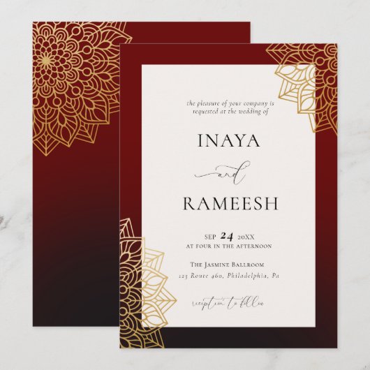Elegant Gold Mandala Red Indian Wedding Invitation Kaart (Voorkant / Achterkant)
