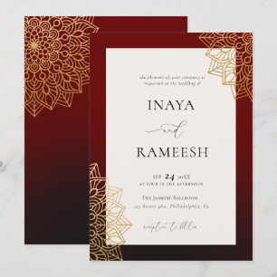 Elegant Gold Mandala Red Indian Wedding Invitation Kaart