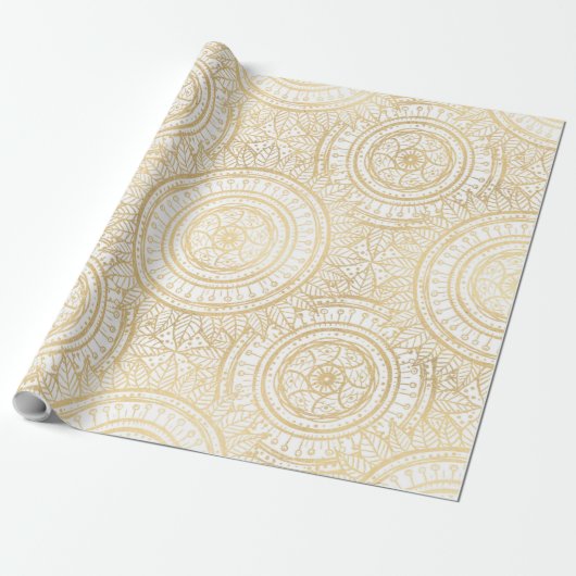 Elegant Gold Mandala Sunflower White Pattern Cadeaupapier (Uitgerold)