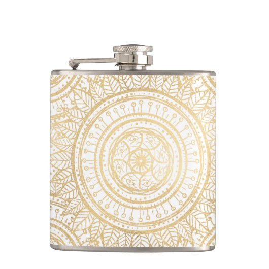 Elegant Gold Mandala Sunflower White Pattern Heupfles (Voorkant)