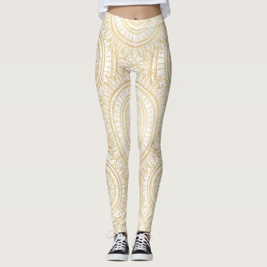 Elegant Gold Mandala Sunflower White Pattern Leggings (Voorkant)