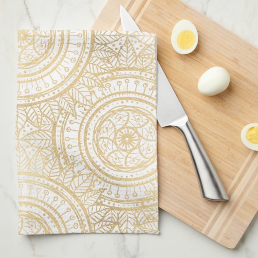 Elegant Gold Mandala Sunflower White Pattern Theedoek (Quarter Fold)