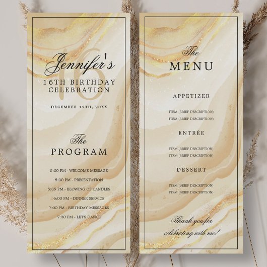 Elegant Gold Marble 16th Birthday Program Menu  Kaart