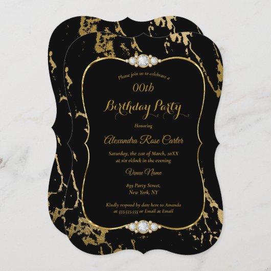 Elegant Gold Marble Black Diamond Birthday Party Kaart (Voorkant / Achterkant)