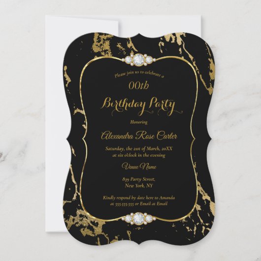 Elegant Gold Marble Black Diamond Birthday Party Kaart (Voorkant)