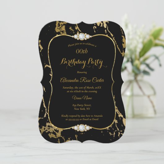Elegant Gold Marble Black Diamond Birthday Party Kaart (Staand voorkant)