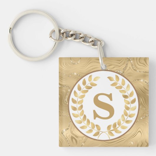 Elegant Gold Marble & Laurel Wreath Personalized Sleutelhanger (voorkant)
