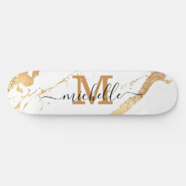Elegant Gold Marble Monogram Script Persoonlijk Skateboard