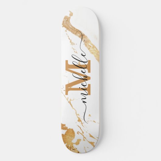 Elegant Gold Marble Monogram Script Persoonlijk Skateboard (Voorkant)