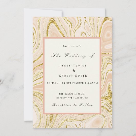 Elegant Gold Marble Swirls Blush Border Wedding Kaart (Voorkant)