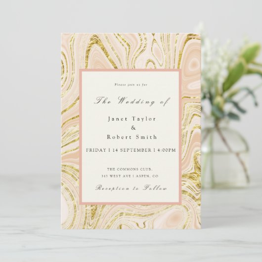 Elegant Gold Marble Swirls Blush Border Wedding Kaart (Staand voorkant)