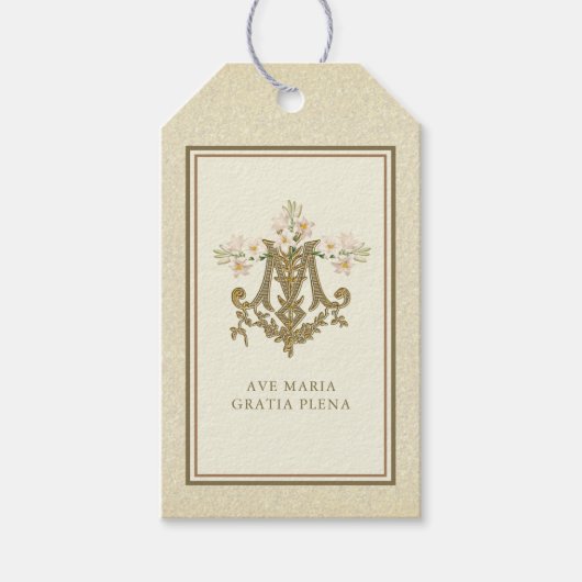 Elegant Gold Marian Monogram Religieuze Lilies Cadeaulabel (Voorkant)