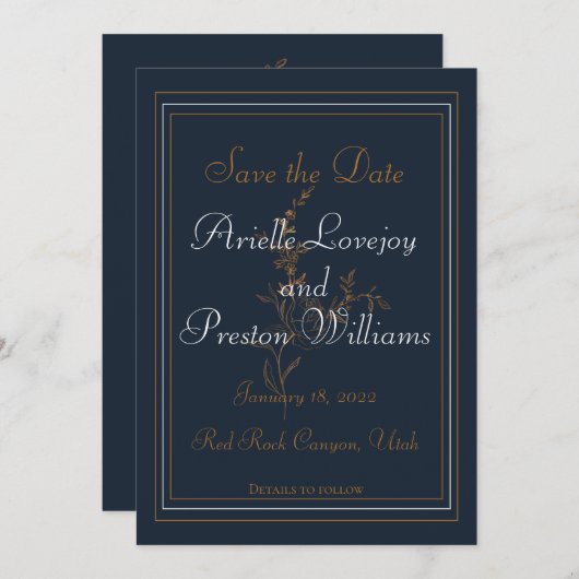 Elegant Gold, marine en White Save the Date Kaart (Voorkant / Achterkant)