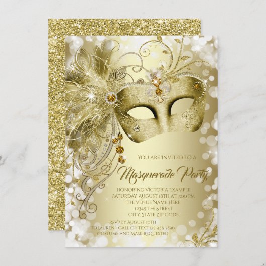 Elegant Gold Mask Maquerade Party Kaart (Voorkant / Achterkant)