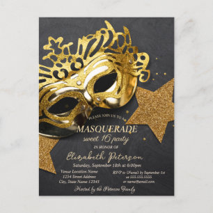 Elegant Gold Masque Stars Sweet 16 Uitnodiging Briefkaart