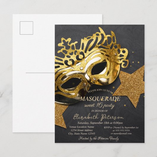 Elegant Gold Masque Stars Sweet 16 Uitnodiging Briefkaart (Voorkant / Achterkant)
