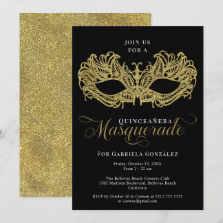Elegant Gold Masquerade Masker Quinceanera Kaart