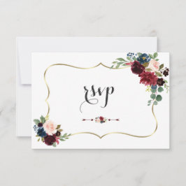 Elegant Gold Merlot Navy Blue Floral Wedding RSVP Kaartje