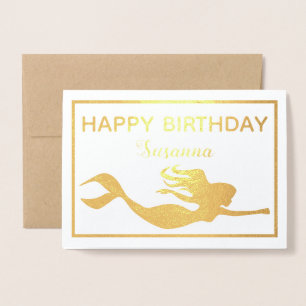 Elegant Gold Mermaid Happy Birthday Real Folie Kaarten