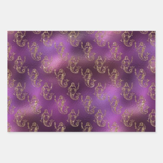 Elegant Gold Mermaid Pattern Paars Metallic Shiny Inpakpapier Vel (Voorkant 2)