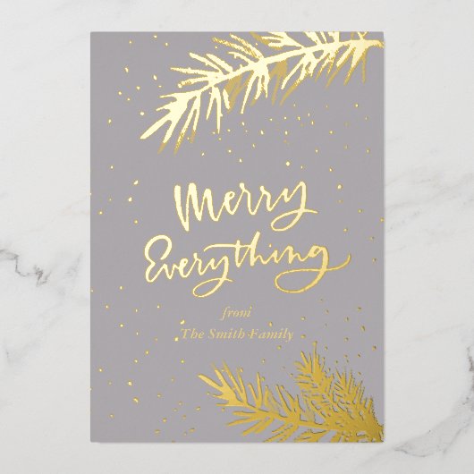 Elegant Gold Merry Alles Pine Bough on Grey Folie Feestdagenkaart (Voorkant)