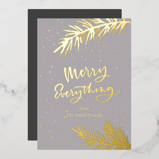 Elegant Gold Merry Alles Pine Bough on Grey Folie Feestdagenkaart (Voorkant / Achterkant)