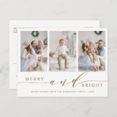 Elegant Gold Merry & Bright 3 Foto Holiday Briefkaart (Voorkant / Achterkant)