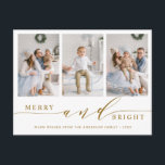 Elegant Gold Merry & Bright 3 Foto Holiday Briefkaart<br><div class="desc">Eenvoudig en elegant vakantiefotobriefkaart. Voor meer geavanceerde aanpassing van dit ontwerp,  te klikken gelieve de Customize Verdere verbinding om de doopvont,  de grootte,  de kleur,  enz. te veranderen.</div>