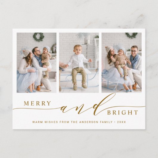 Elegant Gold Merry & Bright 3 Foto Holiday Briefkaart (Voorkant)