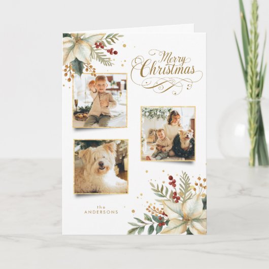 Elegant Gold Merry Christmas Botanical 3-Photo Feestdagen Kaart (Voorkant)