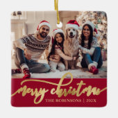 Elegant Gold Merry Christmas Script Photo Red Keramisch Ornament (Voorkant)