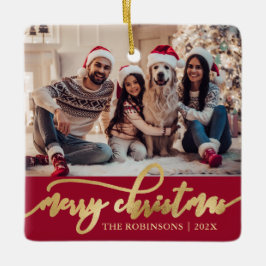 Elegant Gold Merry Christmas Script Photo Red  Keramisch Ornament
