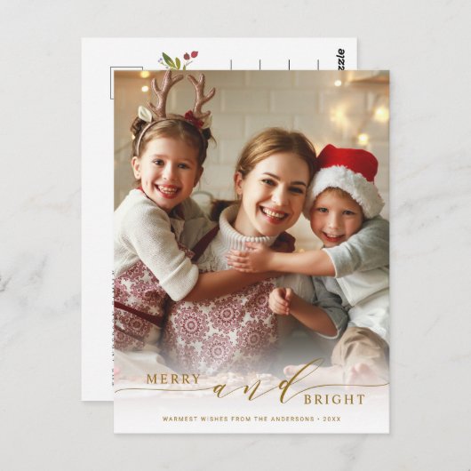 Elegant Gold Merry en Bright Photo Holiday Briefkaart (Voorkant / Achterkant)