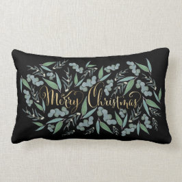 Elegant Gold Merry-kerst Eucalyptus op zwarte toni Kussen