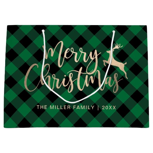 Elegant Gold Merry-kerst, zwart en groen gekleed Groot Cadeauzakje (Voorkant)