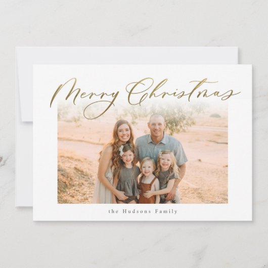 Elegant Gold Merry-kerstkalligrafie Foto Feestdagenkaart (Voorkant)