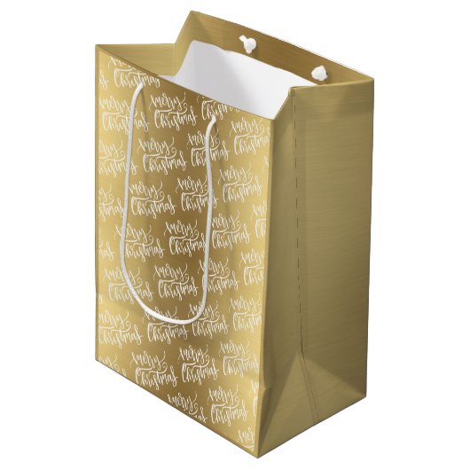 Elegant Gold Merry-kerstkalligrafie Medium Cadeauzakje (Voorkant Gekanteld)