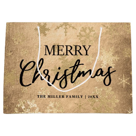 Elegant Gold Merry-kerstsnowflake-patroon Groot Cadeauzakje (Voorkant)