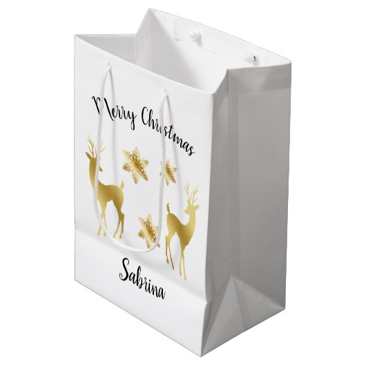 Elegant Gold Merry-sneeuwvlokken voor kerst Medium Cadeauzakje (Voorkant Gekanteld)