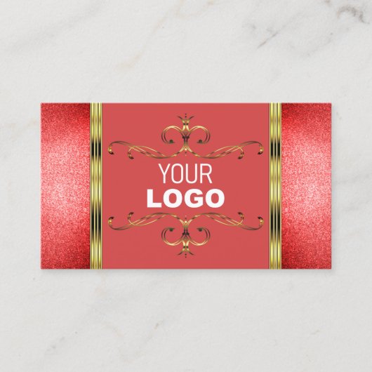 Elegant Gold met Ruby Red Glitter en Logo Modern Visitekaartje (Voorkant)