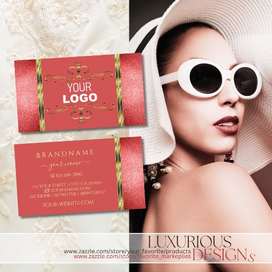 Elegant Gold met Ruby Red Glitter en Logo Modern Visitekaartje