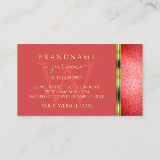 Elegant Gold met Ruby Red Glitter en Monogram Visitekaartje (Achterkant)