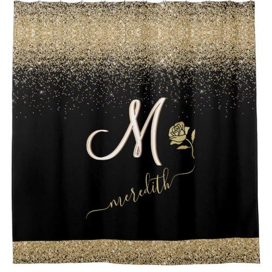 Elegant Gold met zwarte aangepaste monogram naam R Douchegordijn (Voorkant)