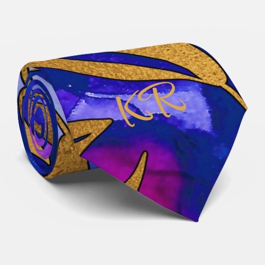 Elegant Gold Metallic Leaves Paarse Blue Initialen Stropdas (Opgerold)