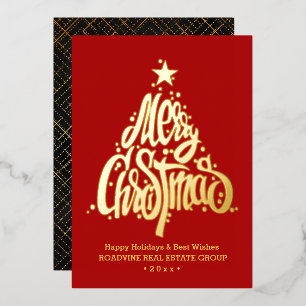 Elegant Gold Modern Script Red Merry kerst Folie Feestdagenkaart