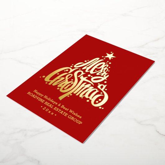 Elegant Gold Modern Script Red Merry kerst Folie Feestdagenkaart (Gedraaid)