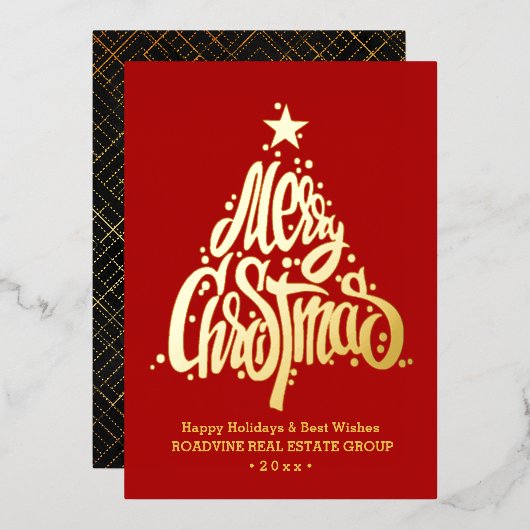 Elegant Gold Modern Script Red Merry kerst Folie Feestdagenkaart (Voorkant / Achterkant)