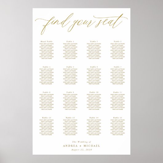 Elegant Gold Modern Wedding Seating Chart Poster (Voorkant)