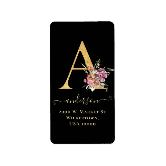 Elegant Gold Monogram A Floral Address Label (Voorkant)